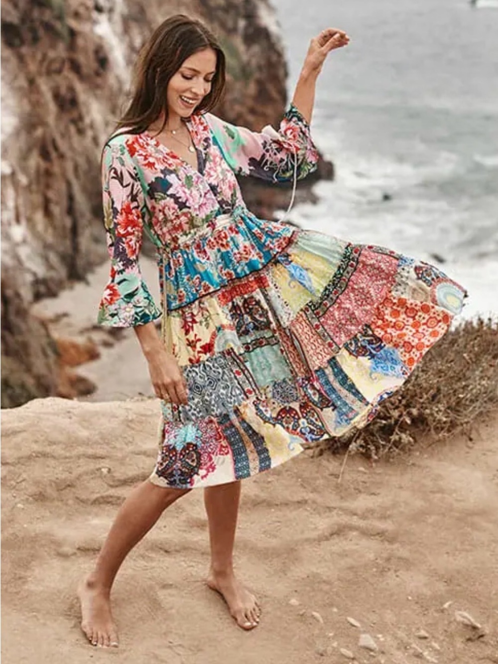 Johnny Was Gigi Silk Patchwork Dress Medium